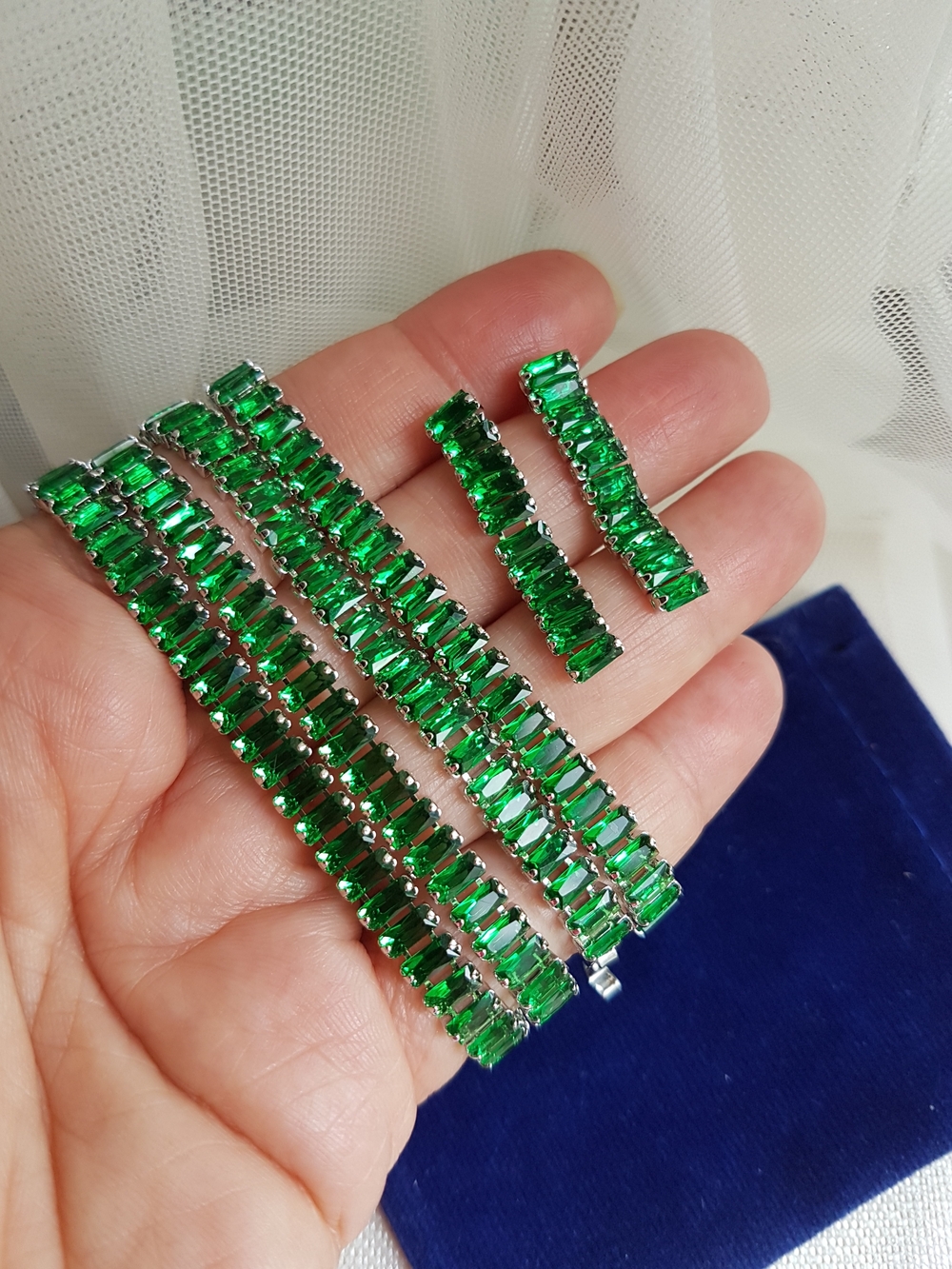 Swarovski Elements Silver Emerald Green Emerald-cut Baguette Tennis Necklace NEW - Picture 9 of 17